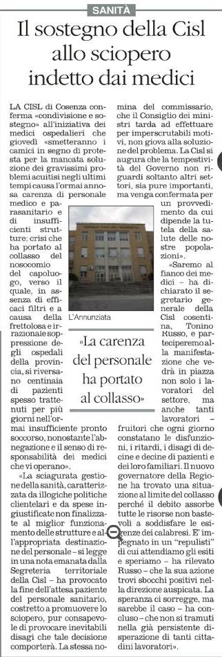 Tonino Russo Segretario Generale sostegno della CISL allo sciopero dei medici ( Clicca gli articoli per ingrandire )
